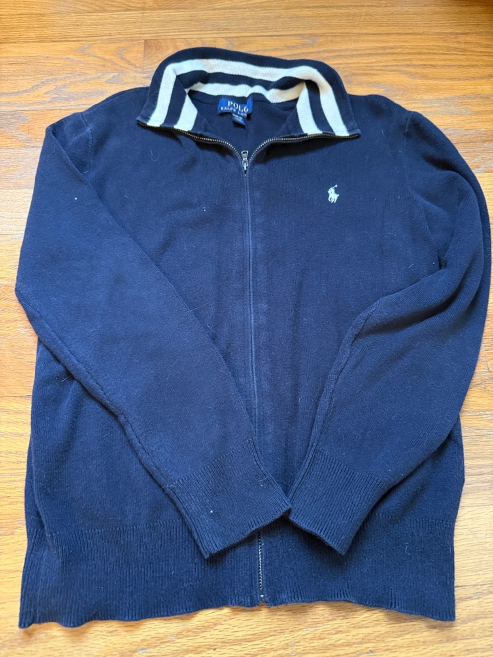 Polo by Ralph Lauren Navy Full-Zip Sweater with Striped Collar for boys